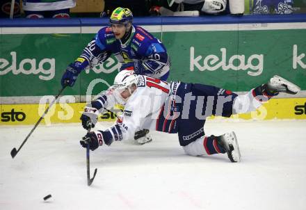 Eishockey ICE Bundesliga. VSV gegen Szkesfehervar,    Elias Wallenta  (VSV), Balasz Sebok (Fehervar).. Villach, am 1.1.2025
Foto: Kuess
---
pressefotos, pressefotografie, kuess, qs, qspictures, sport, bild, bilder, bilddatenbank