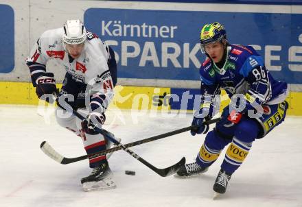 Eishockey ICE Bundesliga. VSV gegen Szkesfehervar,   Florian Lanzinger (VSV), Balasz Sebok (Fehervar). Villach, am 1.1.2025
Foto: Kuess
---
pressefotos, pressefotografie, kuess, qs, qspictures, sport, bild, bilder, bilddatenbank