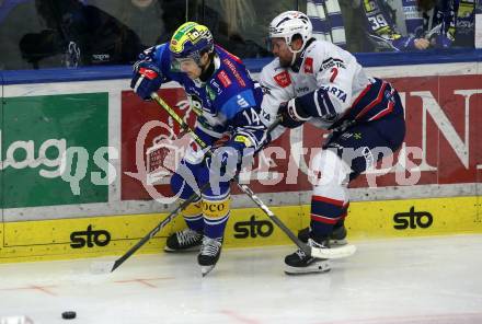 Eishockey ICE Bundesliga. VSV gegen Szkesfehervar,    Johannes Tschurnig  (VSV), Martin Stajnoch (Fehervar). Villach, am 1.1.2025
Foto: Kuess
---
pressefotos, pressefotografie, kuess, qs, qspictures, sport, bild, bilder, bilddatenbank