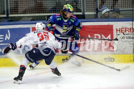 Eishockey ICE Bundesliga. VSV gegen Szkesfehervar,   Chase Pearson (VSV), Joshua Atkinson (Fehervar). Villach, am 1.1.2025
Foto: Kuess
---
pressefotos, pressefotografie, kuess, qs, qspictures, sport, bild, bilder, bilddatenbank