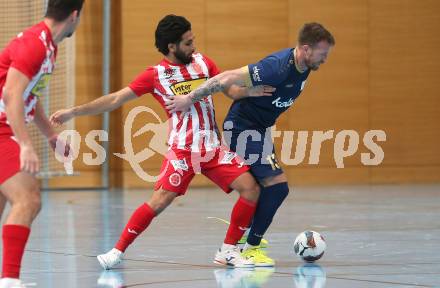 Futsal Bundesliga. Futsal Klagenfurt Versli.at gegen Stella Rossa. Denis Totoskovic  (Klagenfurt), Hamid Aminpur (Stella Rossa). Viktring, am 4.1.2025.
Foto: Kuess
---
pressefotos, pressefotografie, kuess, qs, qspictures, sport, bild, bilder, bilddatenbank