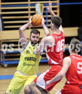 Basketball 2. Liga 2024/2025. Grunddurchgang 16. Runde.  Woerthersee Piraten gegen Upper Austrian Ballers.  Marin Sliskovic  (Piraten),   Luka Kujundzic (Austrian Ballers). Klagenfurt, am 26.1.2025.
Foto: Kuess


---
pressefotos, pressefotografie, kuess, qs, qspictures, sport, bild, bilder, bilddatenbank