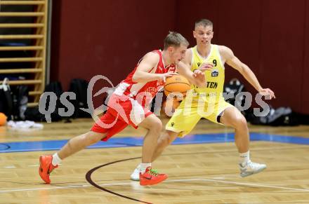 Basketball 2. Liga 2024/2025. Grunddurchgang 16. Runde.  Woerthersee Piraten gegen Upper Austrian Ballers.  Elvis Keric (Piraten),  Valentin Pils  (Austrian Ballers). Klagenfurt, am 26.1.2025.
Foto: Kuess


---
pressefotos, pressefotografie, kuess, qs, qspictures, sport, bild, bilder, bilddatenbank