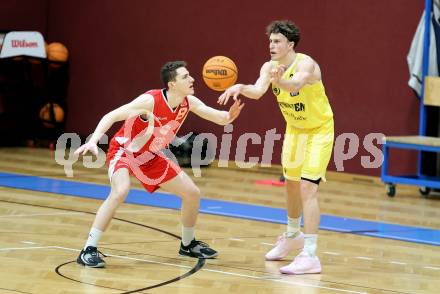 Basketball 2. Liga 2024/2025. Grunddurchgang 16. Runde.  Woerthersee Piraten gegen Upper Austrian Ballers. Lukas Simoner   (Piraten),  Simon Hintenaus  (Austrian Ballers). Klagenfurt, am 26.1.2025.
Foto: Kuess


---
pressefotos, pressefotografie, kuess, qs, qspictures, sport, bild, bilder, bilddatenbank