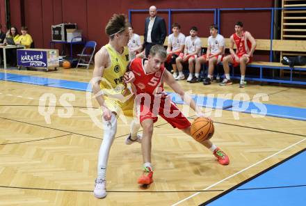 Basketball 2. Liga 2024/2025. Grunddurchgang 16. Runde.  Woerthersee Piraten gegen Upper Austrian Ballers. Emilio Rozmann   (Piraten), Valentin Pils   (Austrian Ballers). Klagenfurt, am 26.1.2025.
Foto: Kuess


---
pressefotos, pressefotografie, kuess, qs, qspictures, sport, bild, bilder, bilddatenbank