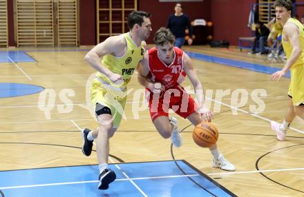 Basketball 2. Liga 2024/2025. Grunddurchgang 16. Runde.  Woerthersee Piraten gegen Upper Austrian Ballers.  Jan-Arne Apschner  (Piraten),  Dejan Kovacevic  (Austrian Ballers). Klagenfurt, am 26.1.2025.
Foto: Kuess


---
pressefotos, pressefotografie, kuess, qs, qspictures, sport, bild, bilder, bilddatenbank