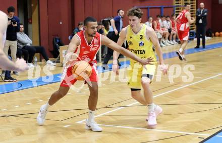 Basketball 2. Liga 2024/2025. Grunddurchgang 16. Runde.  Woerthersee Piraten gegen Upper Austrian Ballers. Lukas Simoner (Piraten), Starlin Inoa Gil  (Austrian Ballers). Klagenfurt, am 26.1.2025.
Foto: Kuess


---
pressefotos, pressefotografie, kuess, qs, qspictures, sport, bild, bilder, bilddatenbank