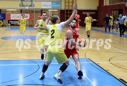 Basketball 2. Liga 2024/2025. Grunddurchgang 16. Runde.  Woerthersee Piraten gegen Upper Austrian Ballers. Tim Huber, (Piraten),   Simon Burgholzer (Austrian Ballers). Klagenfurt, am 26.1.2025.
Foto: Kuess


---
pressefotos, pressefotografie, kuess, qs, qspictures, sport, bild, bilder, bilddatenbank