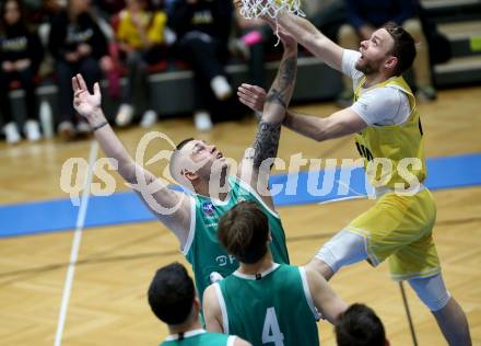 Basketball 2. Liga 2024/2025. Grunddurchgang 20. Runde.  Woerthersee Piraten gegen KOS.    Tim Huber (Piraten),   Nikolas Susa (KOS). Klagenfurt, am 22.2.2025.
Foto: Kuess


---
pressefotos, pressefotografie, kuess, qs, qspictures, sport, bild, bilder, bilddatenbank