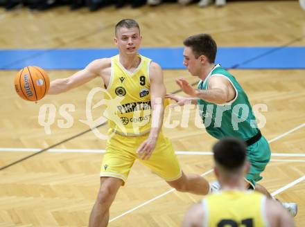 Basketball 2. Liga 2024/2025. Grunddurchgang 20. Runde.  Woerthersee Piraten gegen KOS.    Elvis Keric (Piraten),  Niklas Michel  (KOS). Klagenfurt, am 22.2.2025.
Foto: Kuess


---
pressefotos, pressefotografie, kuess, qs, qspictures, sport, bild, bilder, bilddatenbank