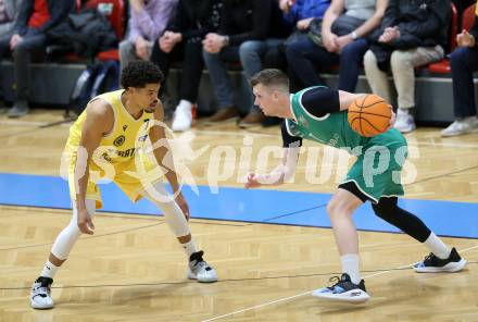 Basketball 2. Liga 2024/2025. Grunddurchgang 20. Runde.  Woerthersee Piraten gegen KOS.    Marcus Holyfield (Piraten),  Jernej Andolsek Heine  (KOS). Klagenfurt, am 22.2.2025.
Foto: Kuess


---
pressefotos, pressefotografie, kuess, qs, qspictures, sport, bild, bilder, bilddatenbank