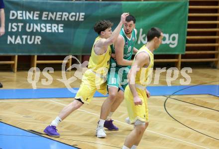 Basketball 2. Liga 2024/2025. Grunddurchgang 20. Runde.  Woerthersee Piraten gegen KOS.    Lukas Simoner (Piraten), Veljko Dena   (KOS). Klagenfurt, am 22.2.2025.
Foto: Kuess


---
pressefotos, pressefotografie, kuess, qs, qspictures, sport, bild, bilder, bilddatenbank