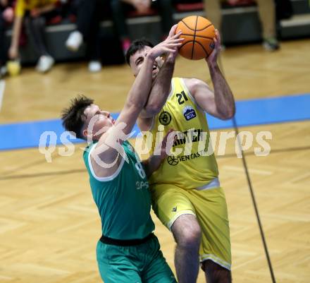 Basketball 2. Liga 2024/2025. Grunddurchgang 20. Runde.  Woerthersee Piraten gegen KOS.    Marin Sliskovic (Piraten),   Lorenz Windisch  (KOS). Klagenfurt, am 22.2.2025.
Foto: Kuess


---
pressefotos, pressefotografie, kuess, qs, qspictures, sport, bild, bilder, bilddatenbank