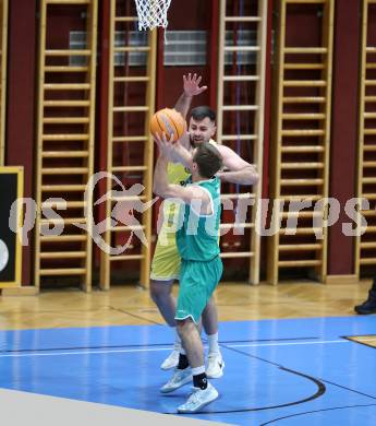 Basketball 2. Liga 2024/2025. Grunddurchgang 20. Runde.  Woerthersee Piraten gegen KOS.    Marin Sliskovic (Piraten),  Niklas Michel  (KOS). Klagenfurt, am 22.2.2025.
Foto: Kuess


---
pressefotos, pressefotografie, kuess, qs, qspictures, sport, bild, bilder, bilddatenbank