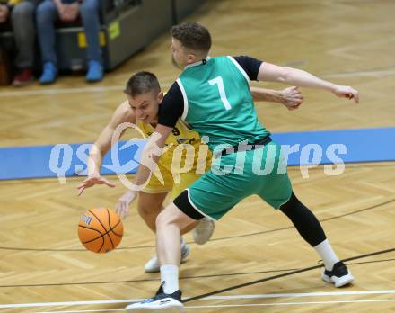Basketball 2. Liga 2024/2025. Grunddurchgang 20. Runde.  Woerthersee Piraten gegen KOS.    Elvis Keric (Piraten),   Jernej Andolsek Heine  (KOS). Klagenfurt, am 22.2.2025.
Foto: Kuess


---
pressefotos, pressefotografie, kuess, qs, qspictures, sport, bild, bilder, bilddatenbank