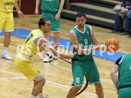 Basketball 2. Liga 2024/2025. Grunddurchgang 20. Runde.  Woerthersee Piraten gegen KOS.    Andreas Nuck (Piraten), Veljko Dena   (KOS). Klagenfurt, am 22.2.2025.
Foto: Kuess


---
pressefotos, pressefotografie, kuess, qs, qspictures, sport, bild, bilder, bilddatenbank