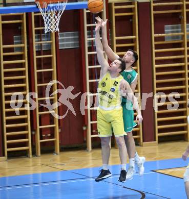 Basketball 2. Liga 2024/2025. Grunddurchgang 20. Runde.  Woerthersee Piraten gegen KOS.    Jan-Arne Apschner (Piraten),   Veljko Dena (KOS). Klagenfurt, am 22.2.2025.
Foto: Kuess


---
pressefotos, pressefotografie, kuess, qs, qspictures, sport, bild, bilder, bilddatenbank