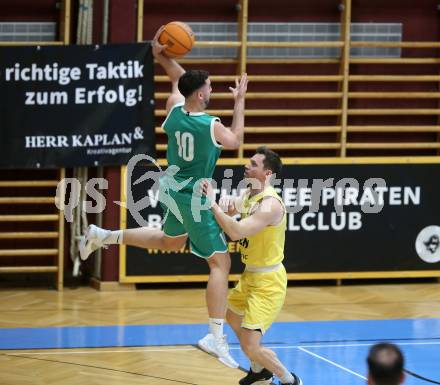 Basketball 2. Liga 2024/2025. Grunddurchgang 20. Runde.  Woerthersee Piraten gegen KOS.    Jan-Arne Apschner (Piraten),  Veljko Dena  (KOS). Klagenfurt, am 22.2.2025.
Foto: Kuess


---
pressefotos, pressefotografie, kuess, qs, qspictures, sport, bild, bilder, bilddatenbank