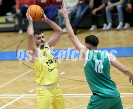 Basketball 2. Liga 2024/2025. Grunddurchgang 20. Runde.  Woerthersee Piraten gegen KOS.    Marin Sliskovic (Piraten),   Veljko Dena (KOS). Klagenfurt, am 22.2.2025.
Foto: Kuess


---
pressefotos, pressefotografie, kuess, qs, qspictures, sport, bild, bilder, bilddatenbank