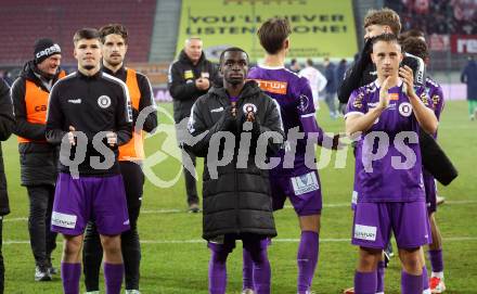 Fussball Bundesliga. SK Austria Klagenfurt gegen GAK. Jubel Dino Delic, Solomon Bonnah, Tobias Koch (Klagenfurt).  Klagenfurt, am 22.2.2025.
Foto: Kuess
---
pressefotos, pressefotografie, kuess, qs, qspictures, sport, bild, bilder, bilddatenbank