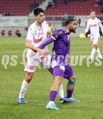 Fussball Bundesliga. SK Austria Klagenfurt gegen GAK.  Keanan Bennetts  (Klagenfurt), Milos Jovicic (GAK). Klagenfurt, am 22.2.2025.
Foto: Kuess
---
pressefotos, pressefotografie, kuess, qs, qspictures, sport, bild, bilder, bilddatenbank