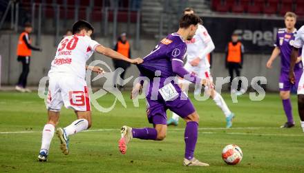 Fussball Bundesliga. SK Austria Klagenfurt gegen GAK.  Thorsten Mahrer  (Klagenfurt), Milos Jovicic  (GAK). Klagenfurt, am 22.2.2025.
Foto: Kuess
---
pressefotos, pressefotografie, kuess, qs, qspictures, sport, bild, bilder, bilddatenbank