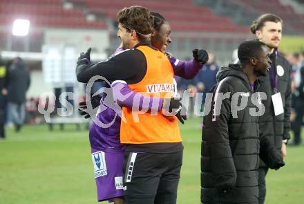 Fussball Bundesliga. SK Austria Klagenfurt gegen GAK. Jubel Steven Juncaj, Dikeni Salifou  (Klagenfurt).  Klagenfurt, am 22.2.2025.
Foto: Kuess
---
pressefotos, pressefotografie, kuess, qs, qspictures, sport, bild, bilder, bilddatenbank