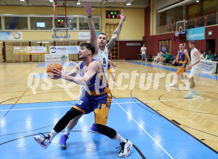 Basketball 2. Liga 2024/2025. Grunddurchgang 21. Runde.   KOS Celovec gegen BBU Salzburg.   Nikolas Susa (KOS),  Marko Rakic  (Salzburg). Klagenfurt, am 1.3.2025.
Foto: Kuess


---
pressefotos, pressefotografie, kuess, qs, qspictures, sport, bild, bilder, bilddatenbank