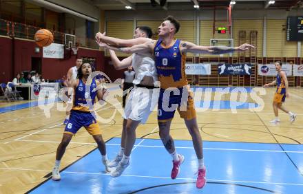 Basketball 2. Liga 2024/2025. Grunddurchgang 21. Runde.   KOS Celovec gegen BBU Salzburg.   Veljko Dena (KOS), Aleksandar Andjelkovic   (Salzburg). Klagenfurt, am 1.3.2025.
Foto: Kuess


---
pressefotos, pressefotografie, kuess, qs, qspictures, sport, bild, bilder, bilddatenbank
