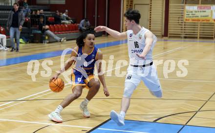Basketball 2. Liga 2024/2025. Grunddurchgang 21. Runde.   KOS Celovec gegen BBU Salzburg.   Jaron Jabornig (KOS),   Samuel Gatterbauer (Salzburg). Klagenfurt, am 1.3.2025.
Foto: Kuess


---
pressefotos, pressefotografie, kuess, qs, qspictures, sport, bild, bilder, bilddatenbank