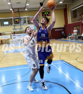 Basketball 2. Liga 2024/2025. Grunddurchgang 21. Runde.   KOS Celovec gegen BBU Salzburg.   Veljko Dena (KOS),  Marko Rakic  (Salzburg). Klagenfurt, am 1.3.2025.
Foto: Kuess


---
pressefotos, pressefotografie, kuess, qs, qspictures, sport, bild, bilder, bilddatenbank