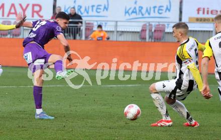 Fussball Bundesliga. SK Austria Klagenfurt gegen LASK. David Toshevski (Klagenfurt),  Philipp Ziereis (LASK).  Klagenfurt, am 2.3..2025.
Foto: Kuess
---
pressefotos, pressefotografie, kuess, qs, qspictures, sport, bild, bilder, bilddatenbank