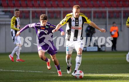Fussball Bundesliga. SK Austria Klagenfurt gegen LASK. Ben Bobzien (Klagenfurt),   Hrvoje Smolcic  (LASK). Klagenfurt, am 2.3..2025.
Foto: Kuess
---
pressefotos, pressefotografie, kuess, qs, qspictures, sport, bild, bilder, bilddatenbank
