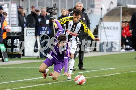 Fussball Bundesliga. SK Austria Klagenfurt gegen LASK. Ben Bobzien (Klagenfurt),  Sascha Horvath (LASK).  Klagenfurt, am 2.3..2025.
Foto: Kuess
---
pressefotos, pressefotografie, kuess, qs, qspictures, sport, bild, bilder, bilddatenbank