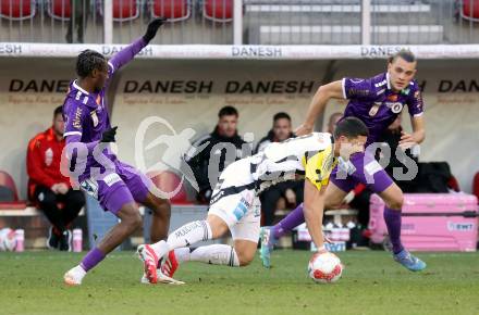 Fussball Bundesliga. SK Austria Klagenfurt gegen LASK. Dikeni Salifou, Niklas Szerencsi (Klagenfurt), Robert Zulj  (LASK). Klagenfurt, am 2.3..2025.
Foto: Kuess
---
pressefotos, pressefotografie, kuess, qs, qspictures, sport, bild, bilder, bilddatenbank