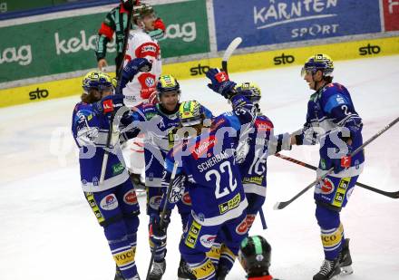 Eishockey ICE Bundesliga. VSV gegen Bozen.  Torjubel Chase Pearson, John Hughes, Nikita Scherbak, Kevin Hancock, Dylan Macpherson (VSV). Villach, am 4.3.2025
Foto: Kuess
---
pressefotos, pressefotografie, kuess, qs, qspictures, sport, bild, bilder, bilddatenbank
