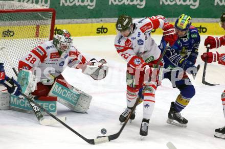 Eishockey ICE Bundesliga. VSV gegen Bozen.  Torjubel John Hughes (VSV), Jason Seed, Sam Harvey  (Bozen). Villach, am 4.3.2025
Foto: Kuess
---
pressefotos, pressefotografie, kuess, qs, qspictures, sport, bild, bilder, bilddatenbank