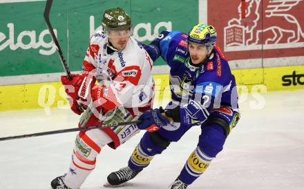 Eishockey ICE Bundesliga. VSV gegen Bozen.  Dylan Macpherson (VSV), Adam Helewka (Bozen) . Villach, am 4.3.2025
Foto: Kuess
---
pressefotos, pressefotografie, kuess, qs, qspictures, sport, bild, bilder, bilddatenbank