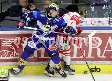 Eishockey ICE Bundesliga. VSV gegen Bozen.  Marco Richter (VSV), Daniel Mantenuto (Bozen) . Villach, am 4.3.2025
Foto: Kuess
---
pressefotos, pressefotografie, kuess, qs, qspictures, sport, bild, bilder, bilddatenbank