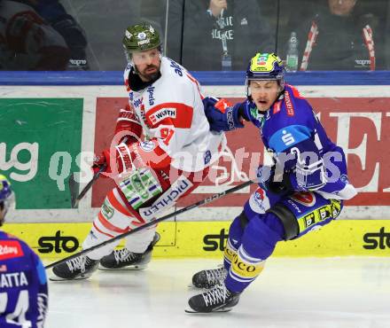 Eishockey ICE Bundesliga. VSV gegen Bozen.  Dylan Macpherson (VSV), Michael Halmo (Bozen) . Villach, am 4.3.2025
Foto: Kuess
---
pressefotos, pressefotografie, kuess, qs, qspictures, sport, bild, bilder, bilddatenbank