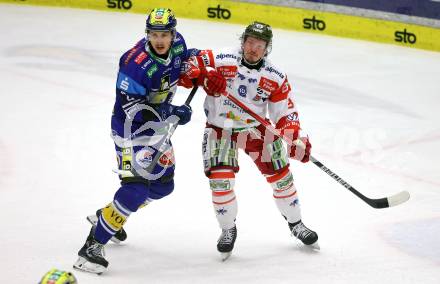 Eishockey ICE Bundesliga. VSV gegen Bozen.  Dylan Macpherson (VSV), Braden Dean Christoffer (Bozen) . Villach, am 4.3.2025
Foto: Kuess
---
pressefotos, pressefotografie, kuess, qs, qspictures, sport, bild, bilder, bilddatenbank