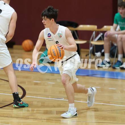 Basketball 2. Liga 2024/2025. Grunddurchgang 22. Runde.   KOS Celovec gegen RAIDERS Tirol.   Jaron Jabornig (KOS),   Klagenfurt, am 8.3.2025.
Foto: Kuess


---
pressefotos, pressefotografie, kuess, qs, qspictures, sport, bild, bilder, bilddatenbank