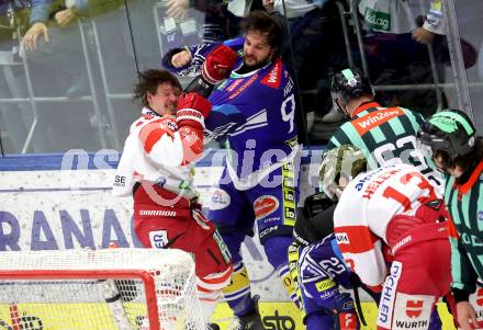 Eishockey ICE Bundesliga. VSV gegen Bozen.  Patrick Holway (VSV), Braden Dean Christoffer  (Bozen) . Villach, am 9.3.2025
Foto: Kuess
---
pressefotos, pressefotografie, kuess, qs, qspictures, sport, bild, bilder, bilddatenbank