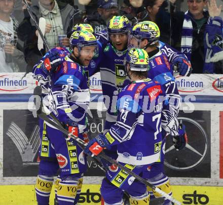 Eishockey ICE Bundesliga. VSV gegen Bozen.  Torjubel Mark Katic, Alexander Rauchenwald, Guus Van Nes, Philipp Lindner , Max Coatta(VSV) . Villach, am 9.3.2025
Foto: Kuess
---
pressefotos, pressefotografie, kuess, qs, qspictures, sport, bild, bilder, bilddatenbank