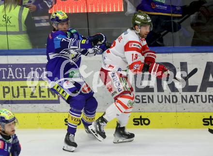 Eishockey ICE Bundesliga. VSV gegen Bozen.  Felix Maxa (VSV), Brad McClure (Bozen) . Villach, am 9.3.2025
Foto: Kuess
---
pressefotos, pressefotografie, kuess, qs, qspictures, sport, bild, bilder, bilddatenbank