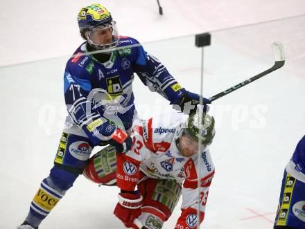 Eishockey ICE Bundesliga. VSV gegen Bozen.  Philipp Lindner (VSV), Luca Frigo (Bozen) . Villach, am 9.3.2025
Foto: Kuess
---
pressefotos, pressefotografie, kuess, qs, qspictures, sport, bild, bilder, bilddatenbank