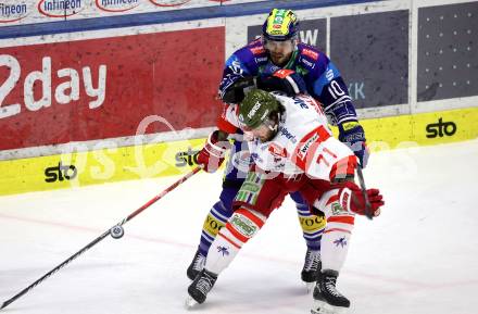 Eishockey ICE Bundesliga. VSV gegen Bozen.  Thomas Vallant (VSV), Anthony Salinitri  (Bozen) . Villach, am 9.3.2025
Foto: Kuess
---
pressefotos, pressefotografie, kuess, qs, qspictures, sport, bild, bilder, bilddatenbank