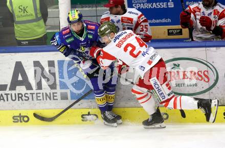 Eishockey ICE Bundesliga. VSV gegen Bozen.  Felix Maxa (VSV), Simon Bourque  (Bozen) . Villach, am 9.3.2025
Foto: Kuess
---
pressefotos, pressefotografie, kuess, qs, qspictures, sport, bild, bilder, bilddatenbank