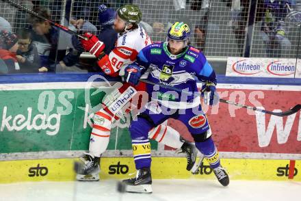 Eishockey ICE Bundesliga. VSV gegen Bozen.  Alexander Rauchenwald (VSV), Dylan Di Perna  (Bozen) . Villach, am 9.3.2025
Foto: Kuess
---
pressefotos, pressefotografie, kuess, qs, qspictures, sport, bild, bilder, bilddatenbank