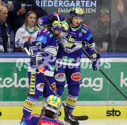 Eishockey ICE Bundesliga. VSV gegen Bozen.  Torjubel Mark Katic, Nikita Scherbak (VSV) . Villach, am 9.3.2025
Foto: Kuess
---
pressefotos, pressefotografie, kuess, qs, qspictures, sport, bild, bilder, bilddatenbank